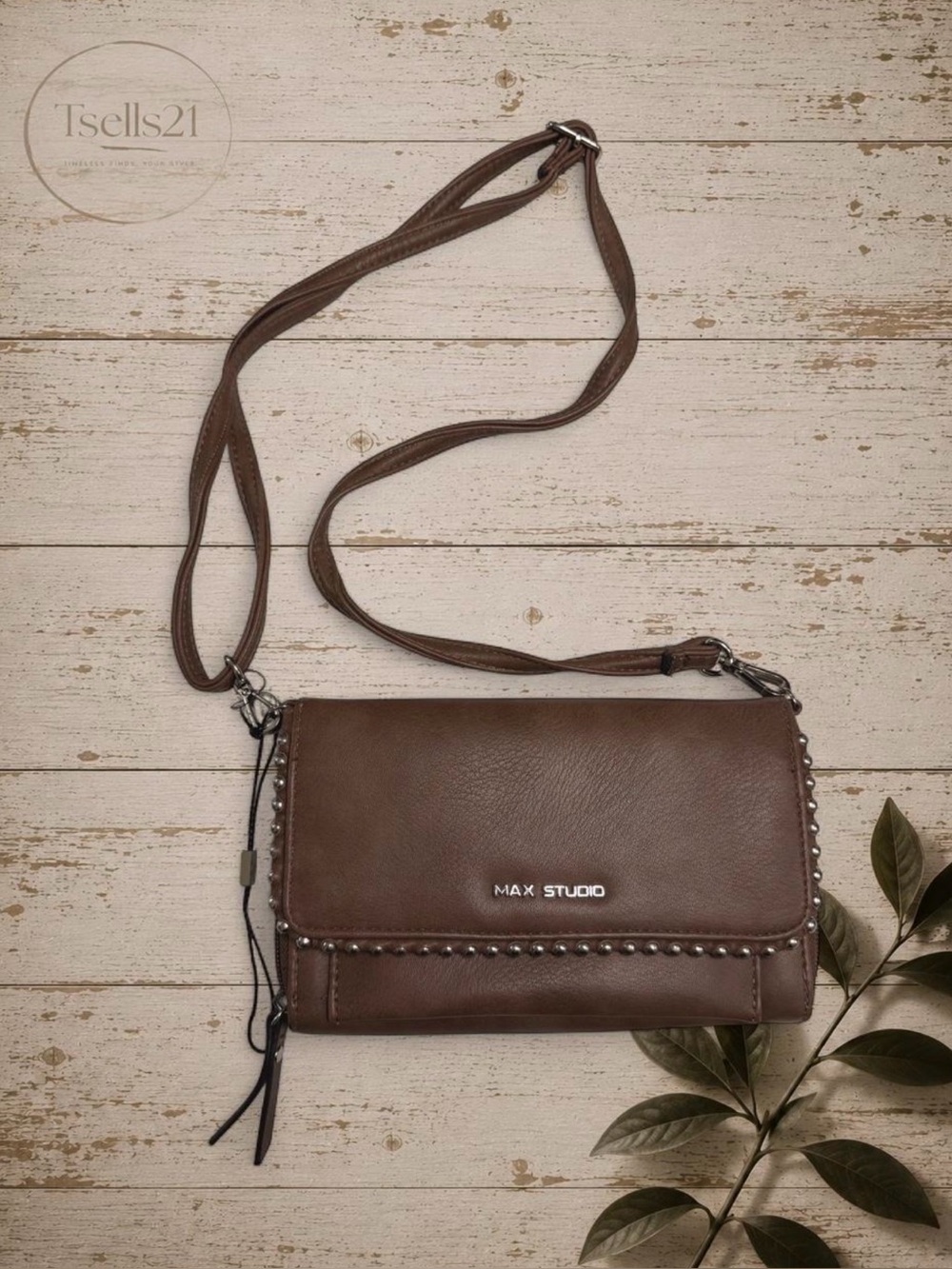 NWOT (With Defect) Max Studio Brown Studded Faux Leather Crossbody Bag / Wallet